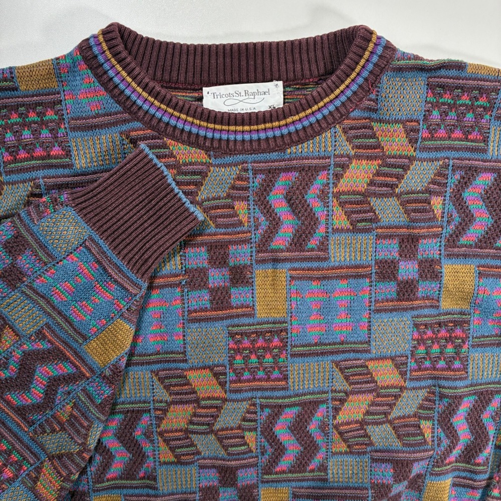 Vintage Tricots St. Raphael Sweater XL Geometric Knit Coogi Style Made in USA